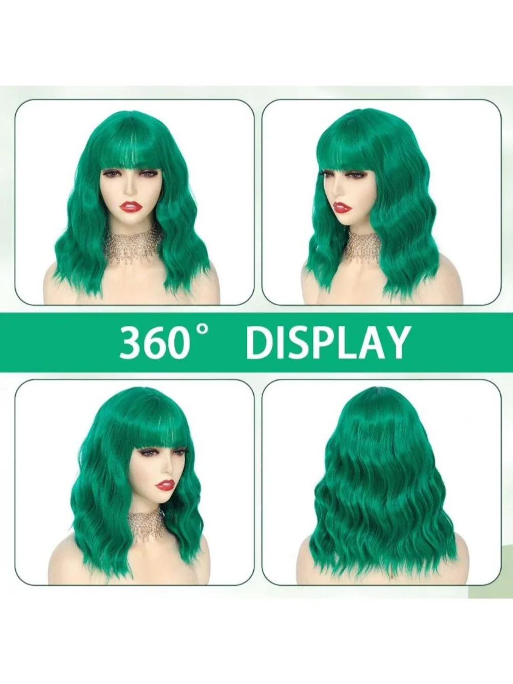 Women's Green 14 Inch Short Shoulder Length Synthetic Bangs Wavy Bob Wig